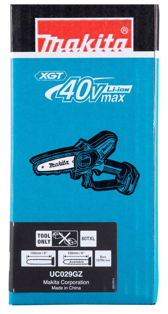 Makita UC029GZ 40V XGT Cordless Brushless Chainsaw – 6" Bar, Bare Unit